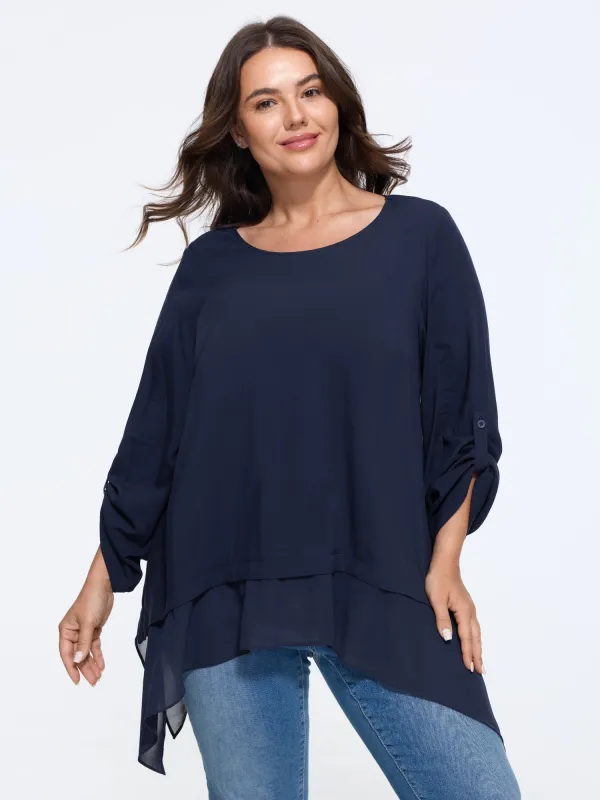 Roll‑Tab Sleeve Layered Asymmetrical Hem Blouse made by Bloomchic
