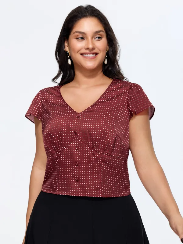 Satin Polka Dot Print Shirred Cropped Blouse made by Bloomchic