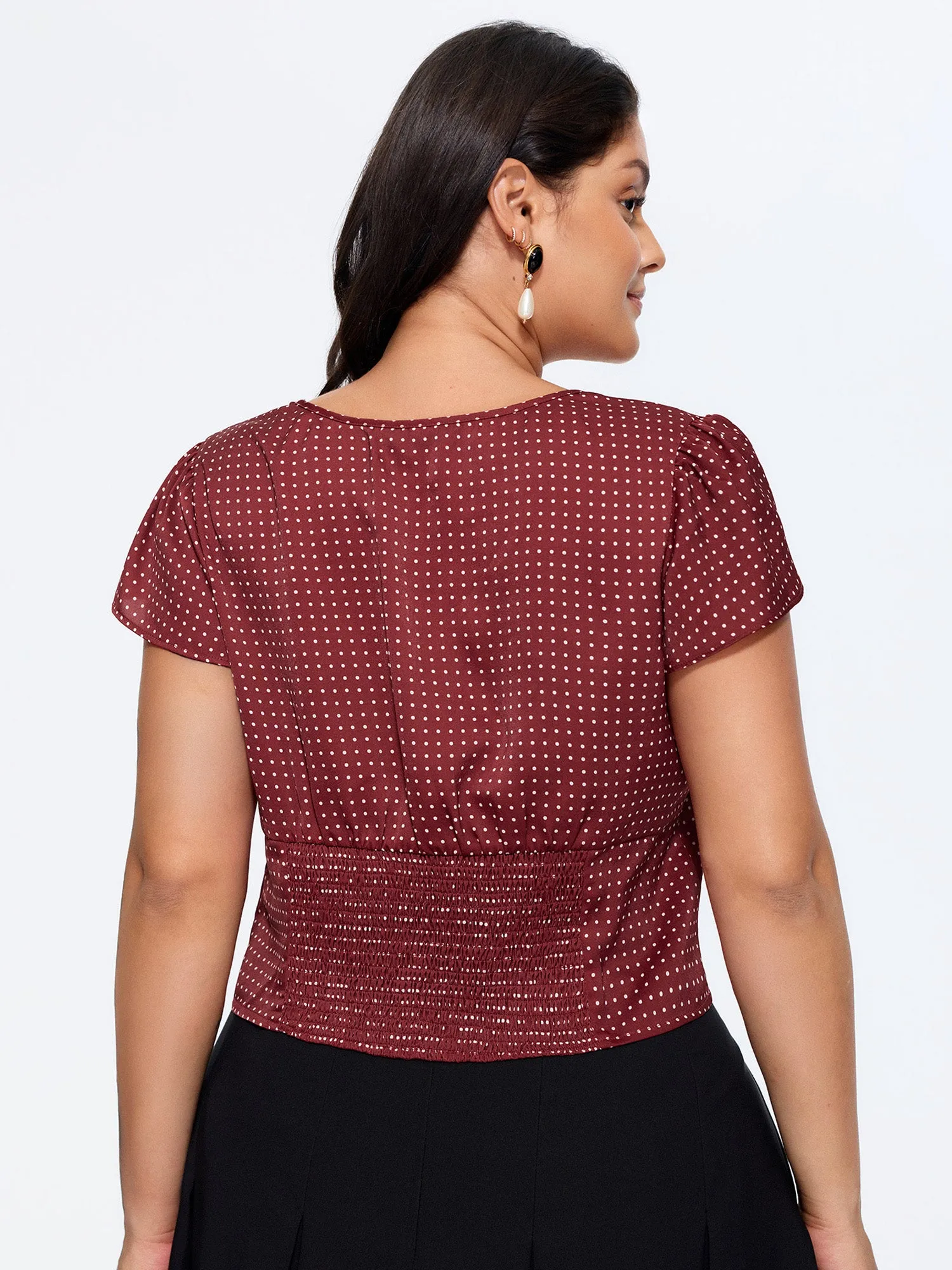 Satin Polka Dot Print Shirred Cropped Blouse sold by Bloomchic product image thumbnail 4