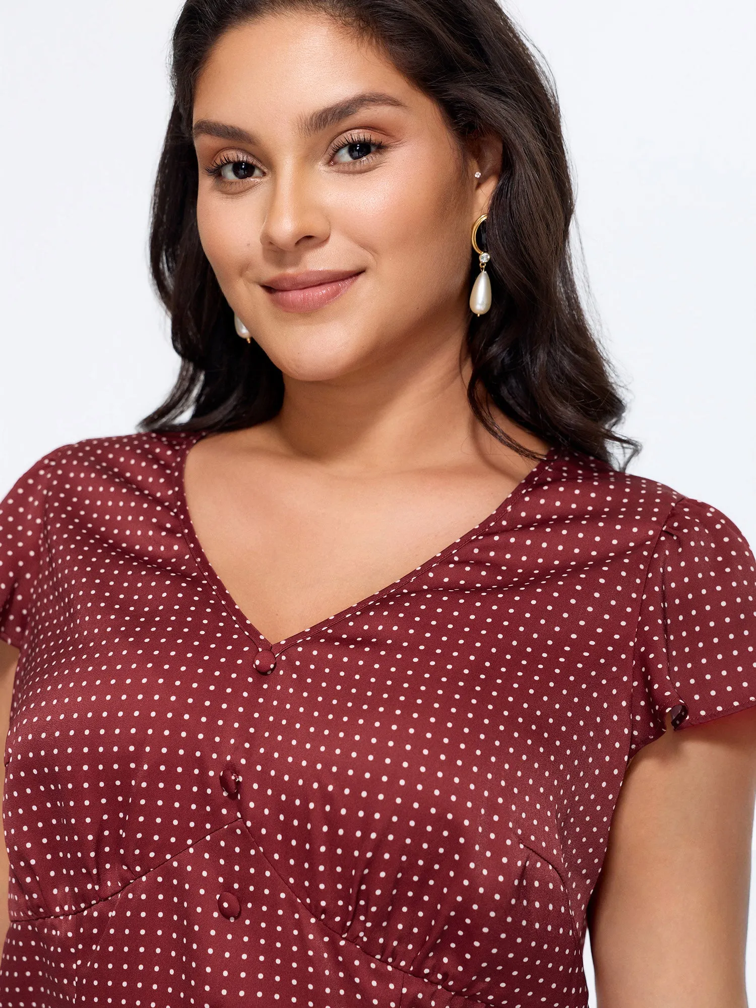 Satin Polka Dot Print Shirred Cropped Blouse sold by Bloomchic product image thumbnail 2
