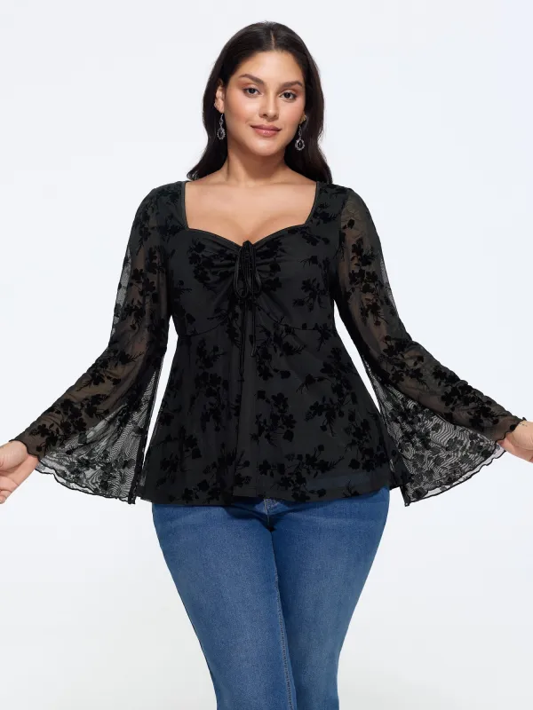 Floral Flocked Bell Long Sleeve Mesh Top made by Bloomchic