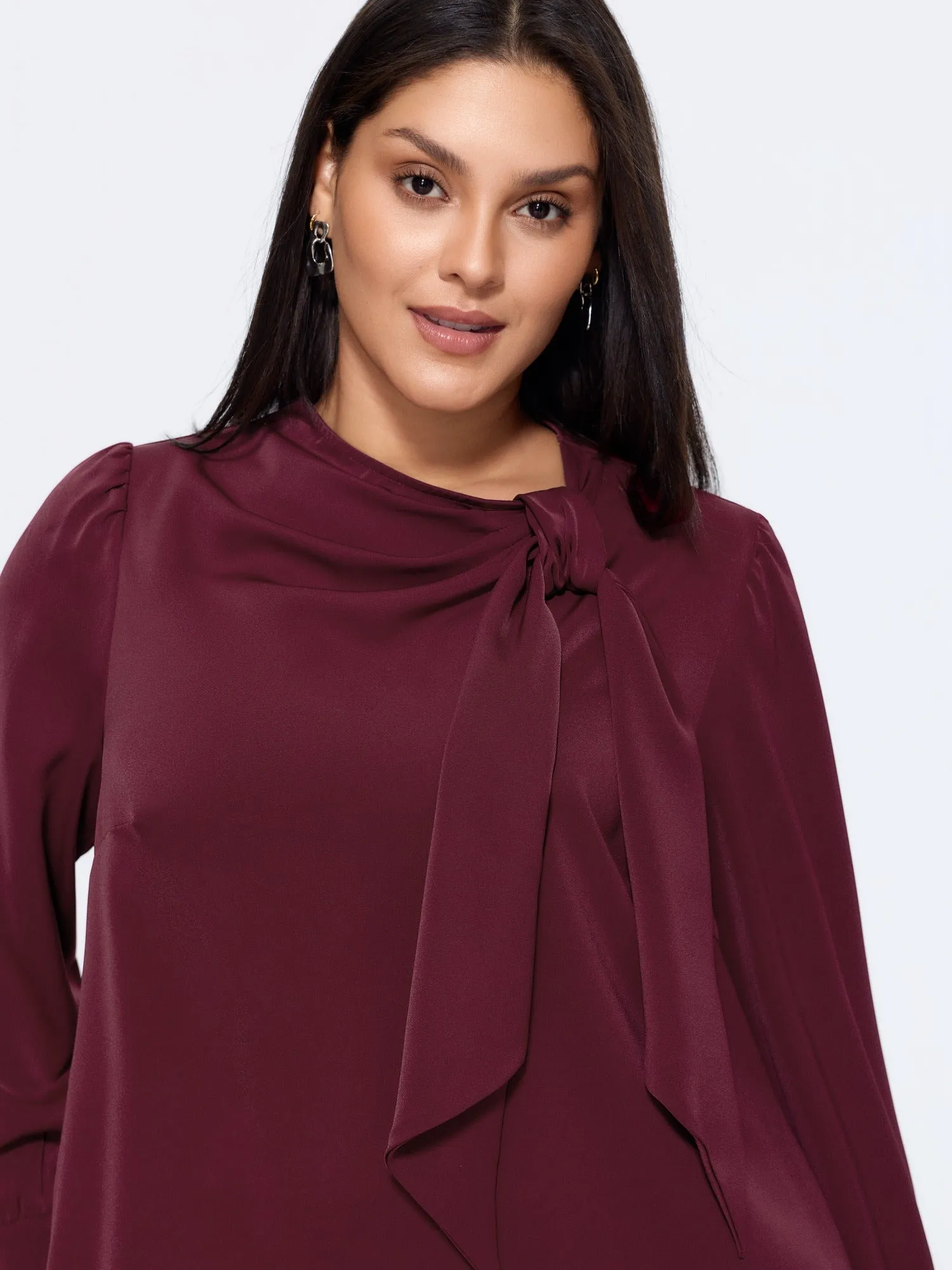 Satin Cowl Neck Tie Bow Long Sleeve Blouse sold by Bloomchic product image thumbnail 2