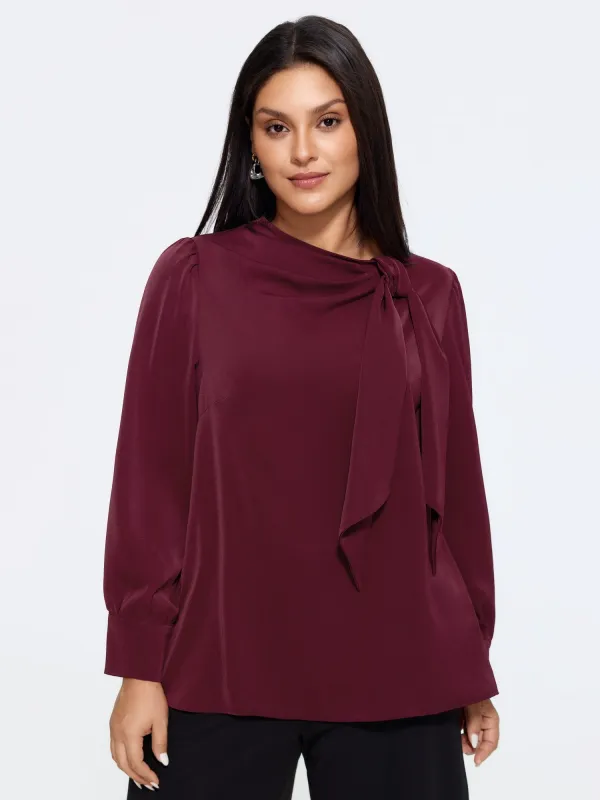 Satin Cowl Neck Tie Bow Long Sleeve Blouse made by Bloomchic