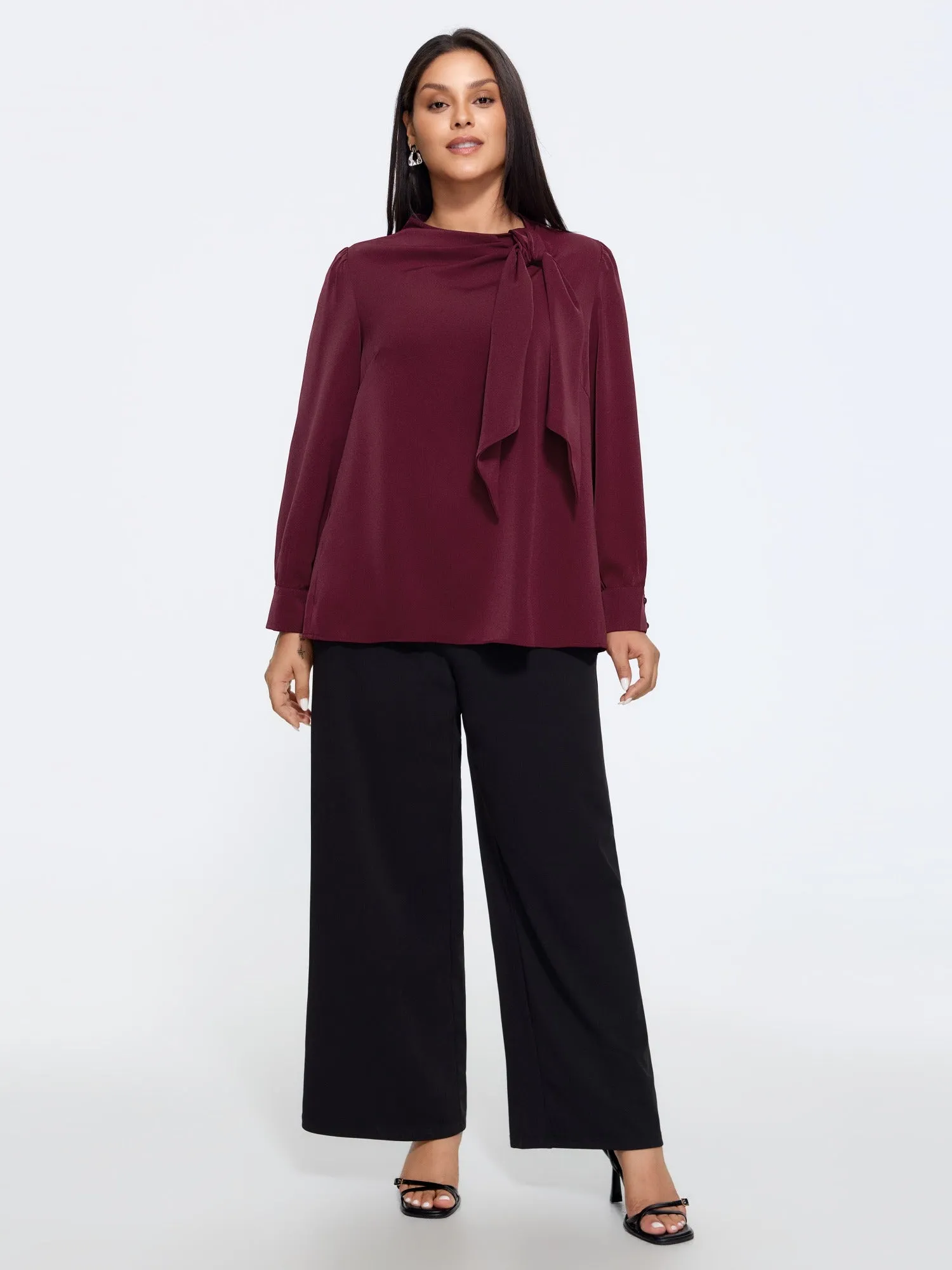 Satin Cowl Neck Tie Bow Long Sleeve Blouse sold by Bloomchic product image thumbnail 4