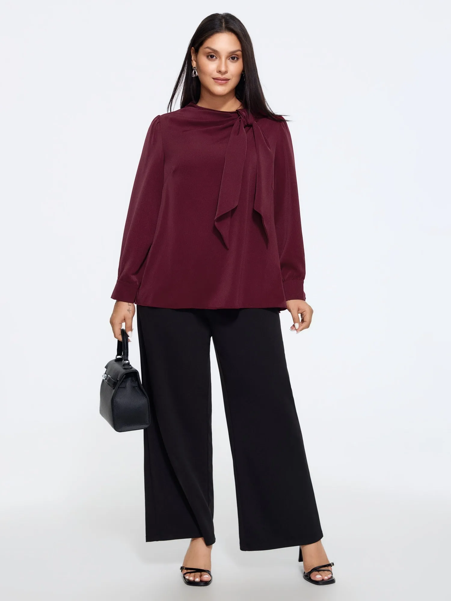 Satin Cowl Neck Tie Bow Long Sleeve Blouse sold by Bloomchic product image thumbnail 5