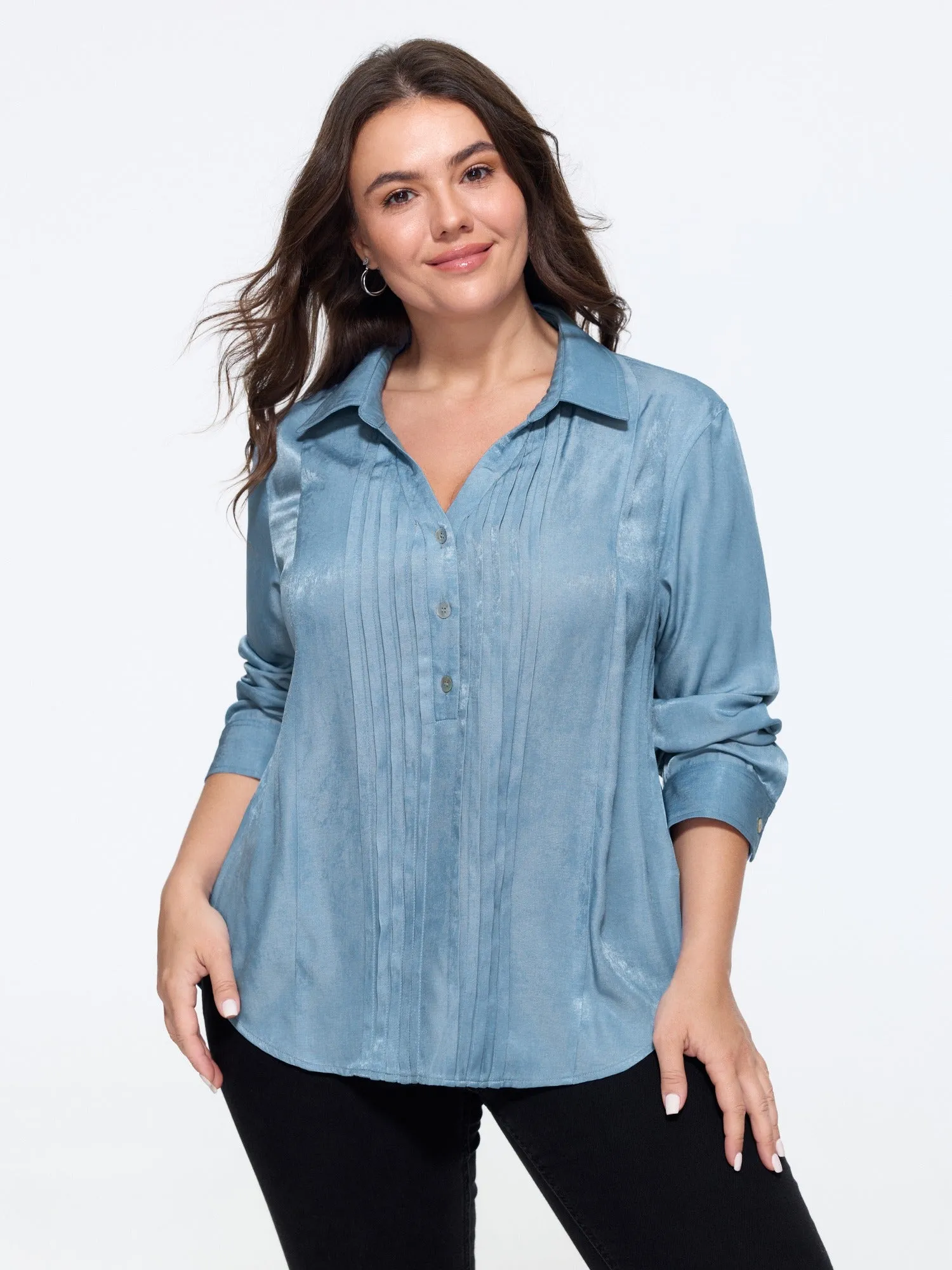Satin Button Front Pleated Blouse sold by Bloomchic