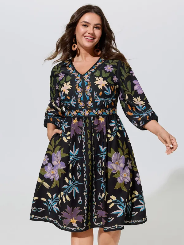 Boho Print V-Neck Pockets Mini Dress made by Bloomchic
