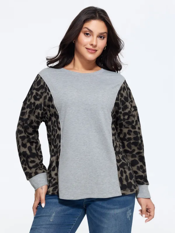 Round Neck Leopard Spliced Casual Sweatshirt made by Bloomchic