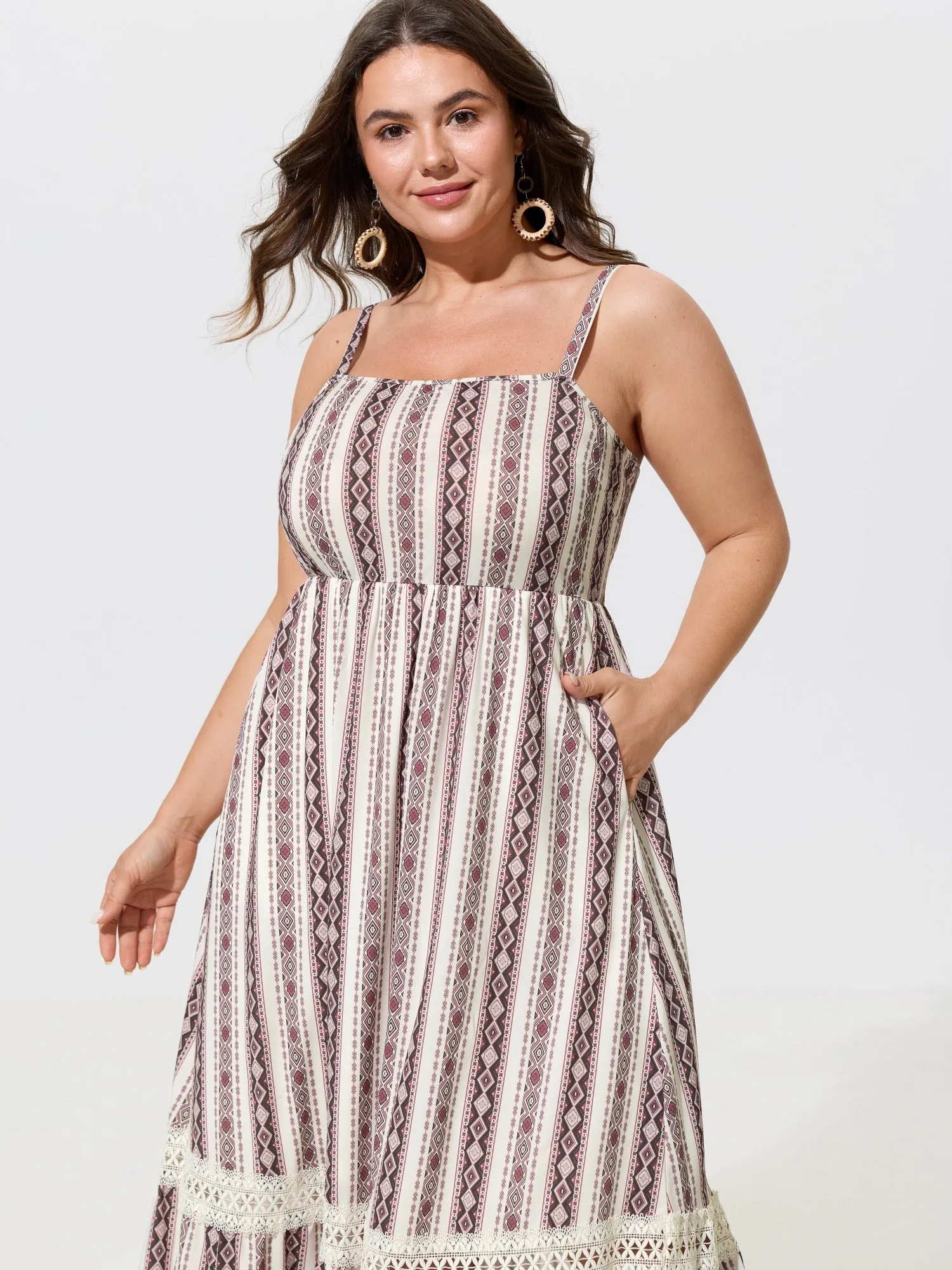 Boho Geometric Print Lace Hem Pocket Midi Dress sold by Bloomchic product image thumbnail 4