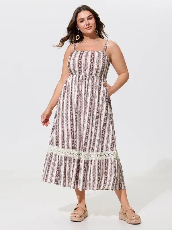 Boho Geometric Print Lace Hem Pocket Midi Dress made by Bloomchic
