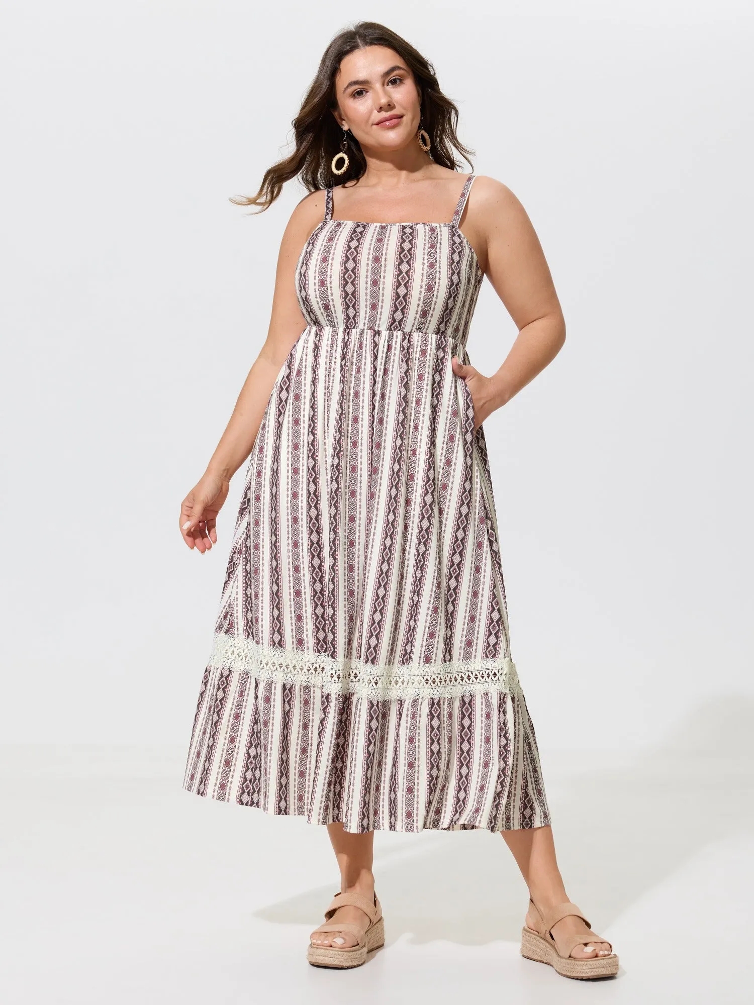 Boho Geometric Print Lace Hem Pocket Midi Dress sold by Bloomchic
