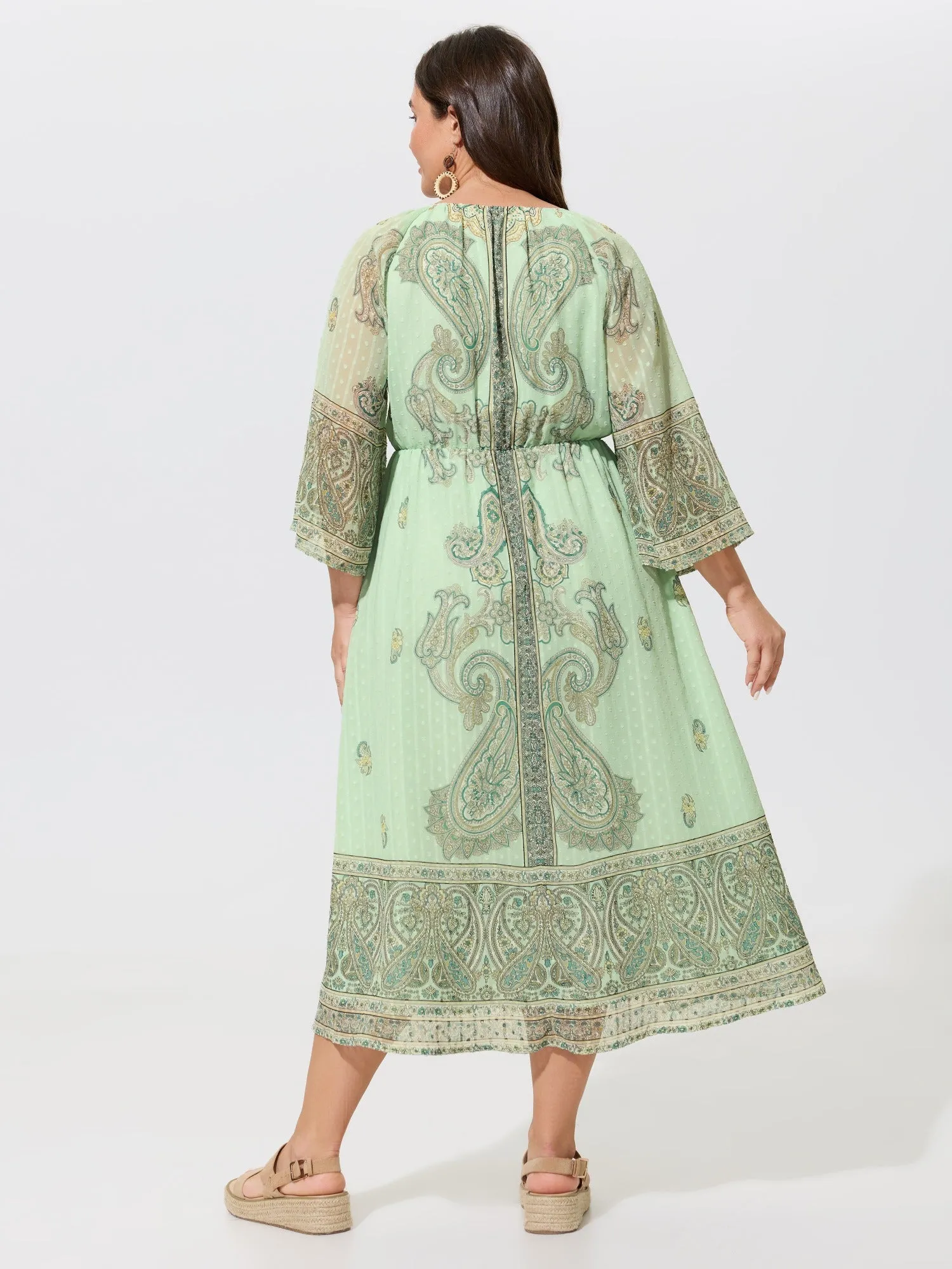 Paisley Print Tassel Tie Flare Sleeve Midi Dress sold by Bloomchic product image thumbnail 3