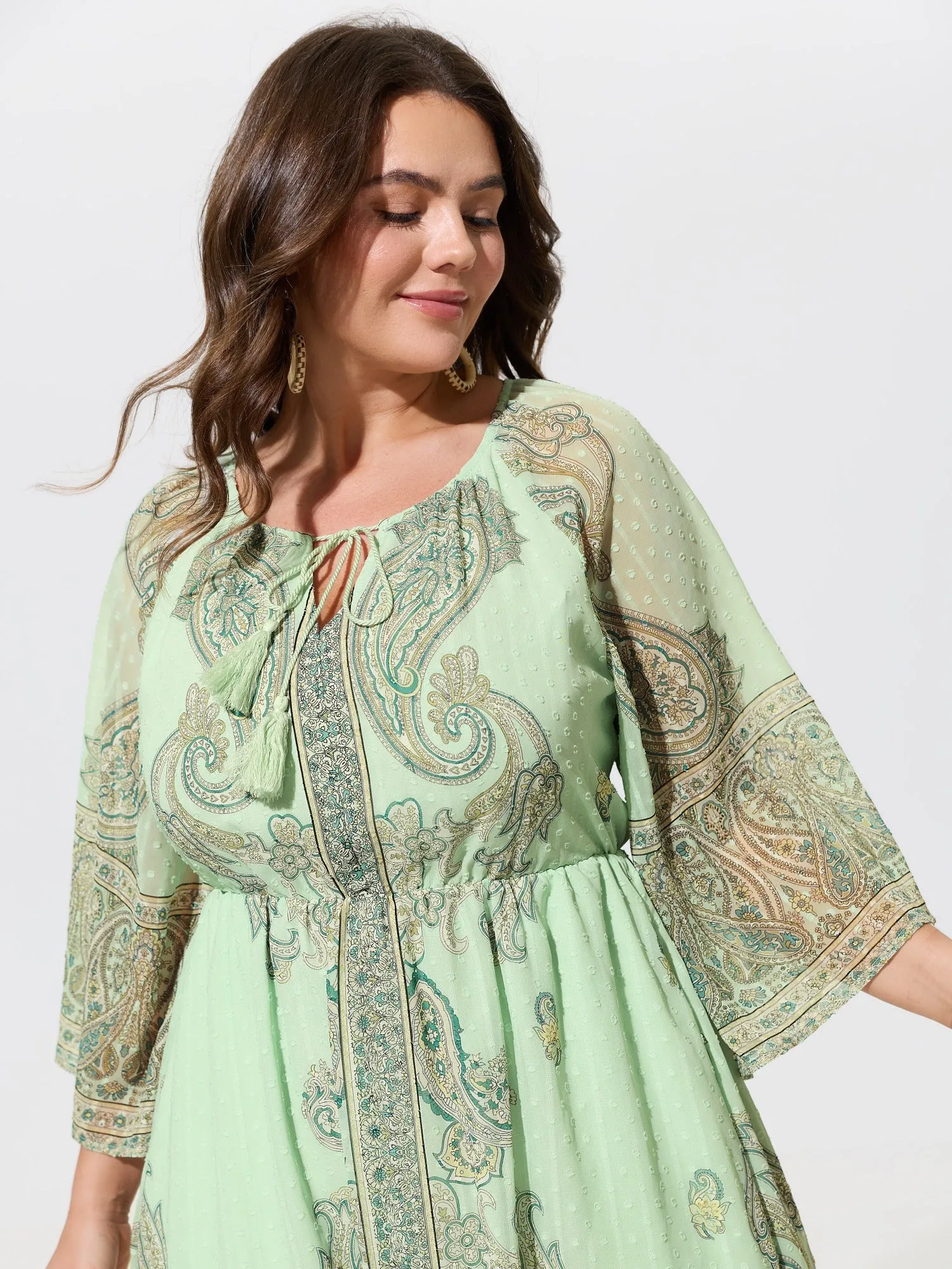 Paisley Print Tassel Tie Flare Sleeve Midi Dress sold by Bloomchic product image thumbnail 2