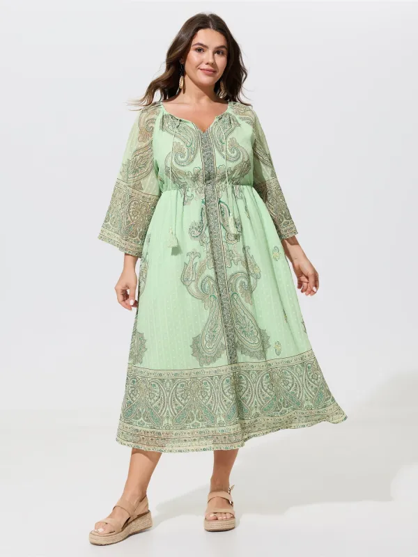 Paisley Print Tassel Tie Flare Sleeve Midi Dress made by Bloomchic