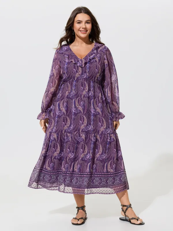 Paisley Print Ruffle Tiered Chiffon Midi Dress made by Bloomchic