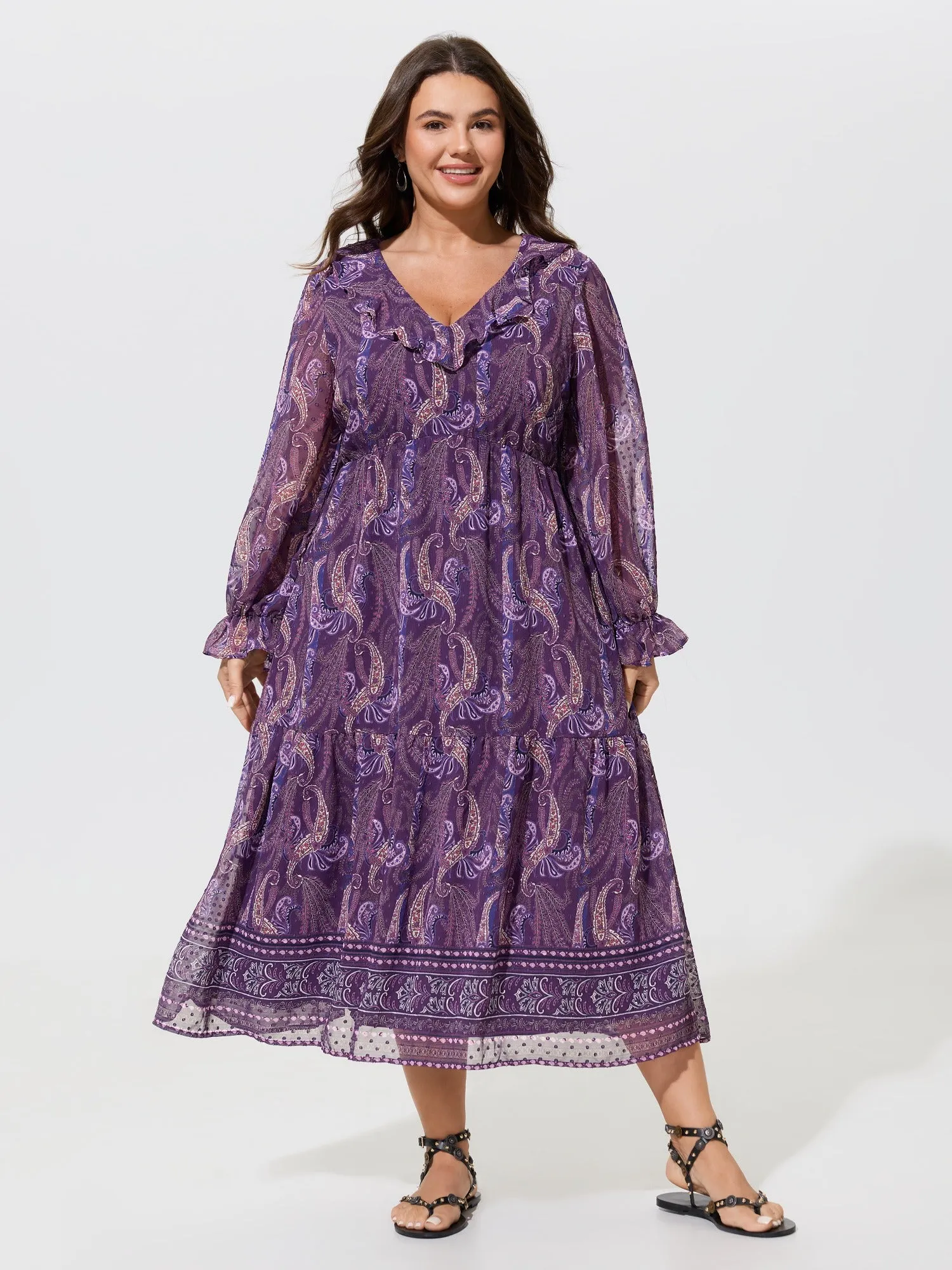 Paisley Print Ruffle Tiered Chiffon Midi Dress sold by Bloomchic