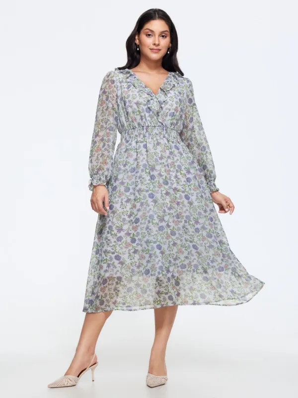 Floral Print Shirred Waist Ruffle Chiffon Midi Dress made by Bloomchic