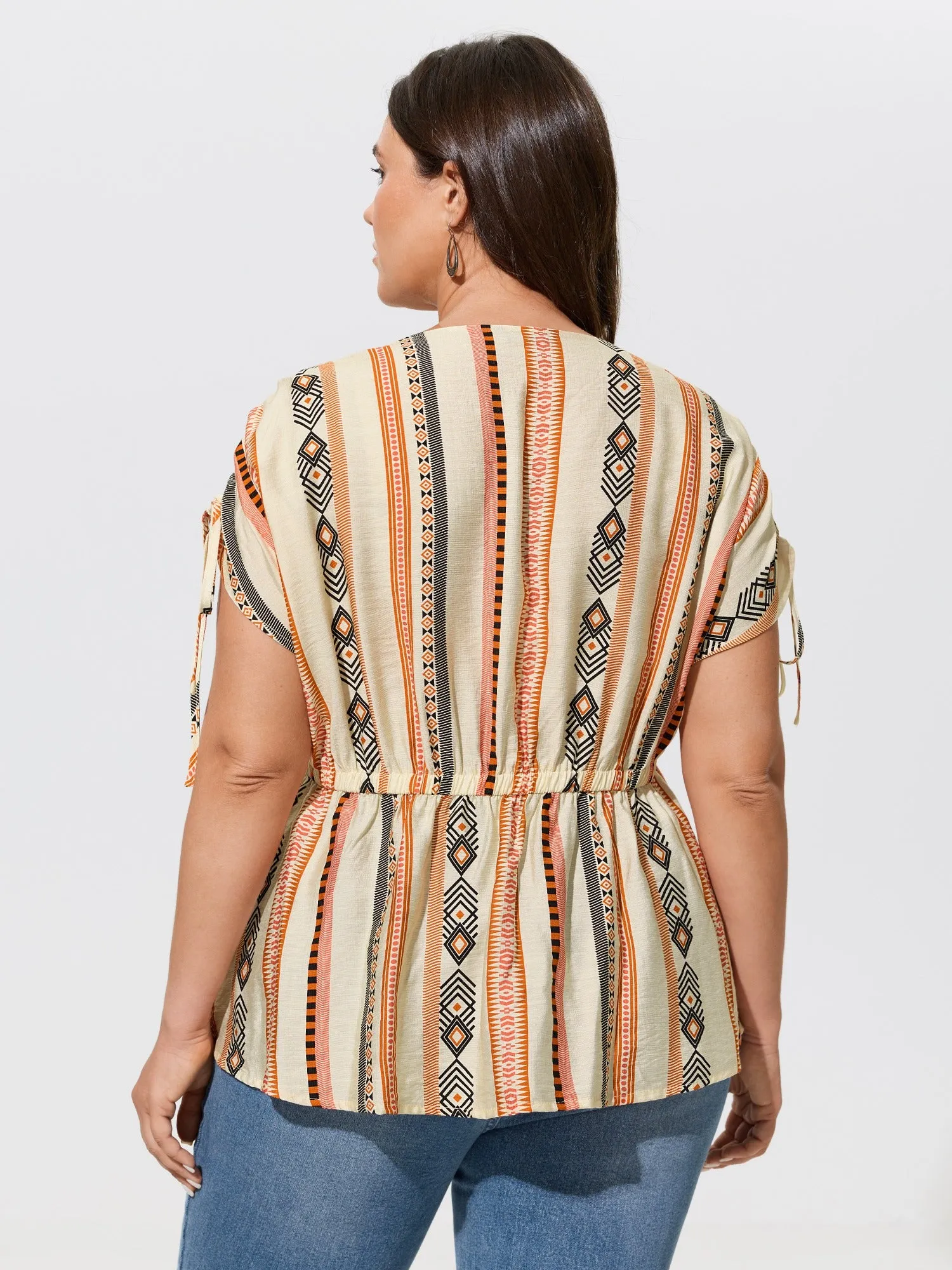 Boho Stripe Print Tie Cuff Sleeve Gathered Blouse sold by Bloomchic product image thumbnail 3