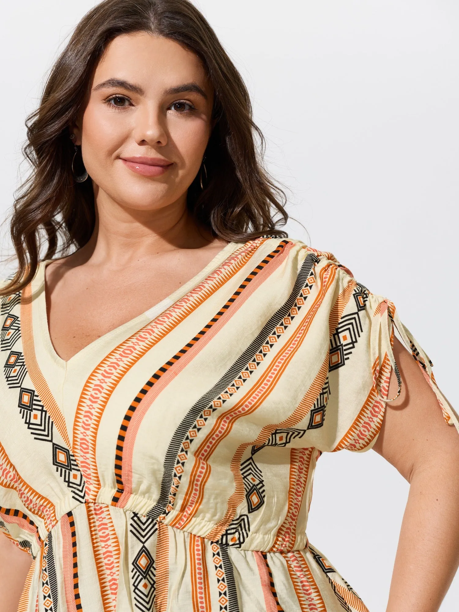 Boho Stripe Print Tie Cuff Sleeve Gathered Blouse sold by Bloomchic product image thumbnail 2