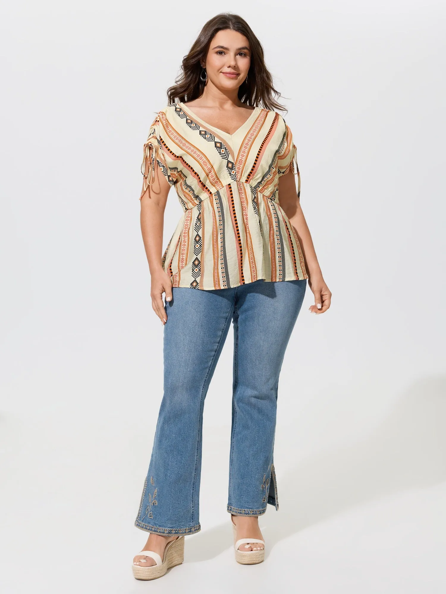 Boho Stripe Print Tie Cuff Sleeve Gathered Blouse sold by Bloomchic product image thumbnail 4