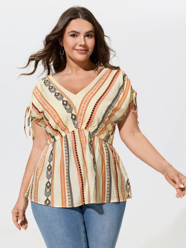 Boho Stripe Print Tie Cuff Sleeve Gathered Blouse made by Bloomchic