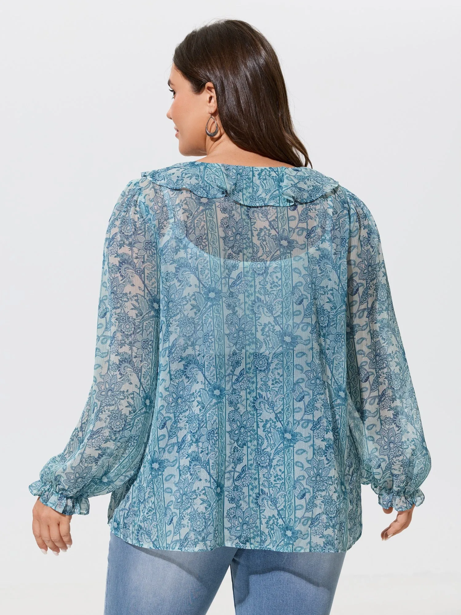 Floral Print V‑Neck Ruffle Trim Chiffon Blouse sold by Bloomchic product image thumbnail 3