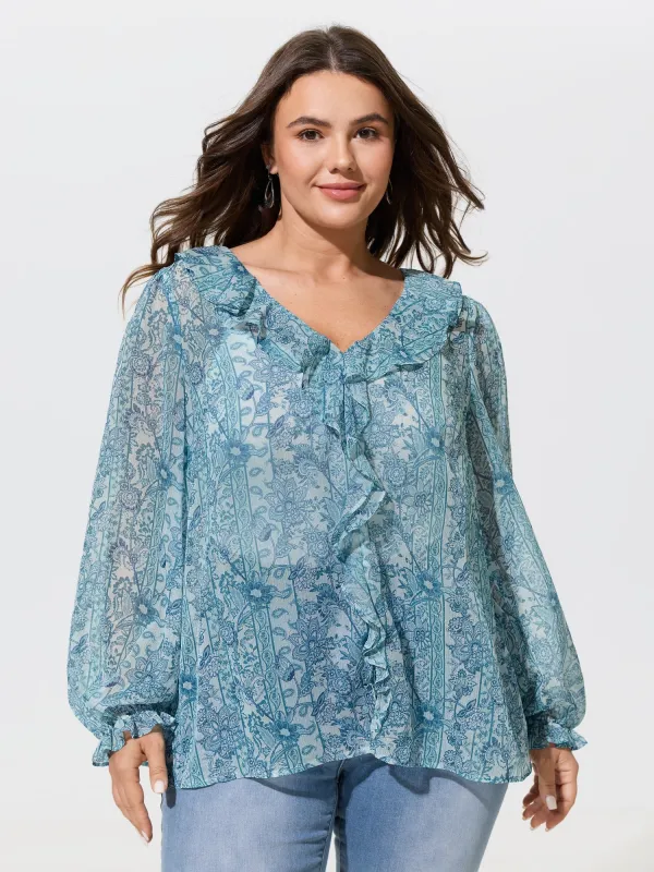 Floral Print V‑Neck Ruffle Trim Chiffon Blouse made by Bloomchic