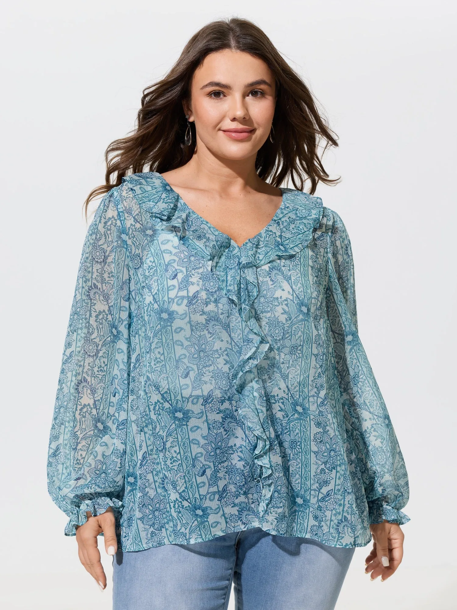 Floral Print V‑Neck Ruffle Trim Chiffon Blouse sold by Bloomchic
