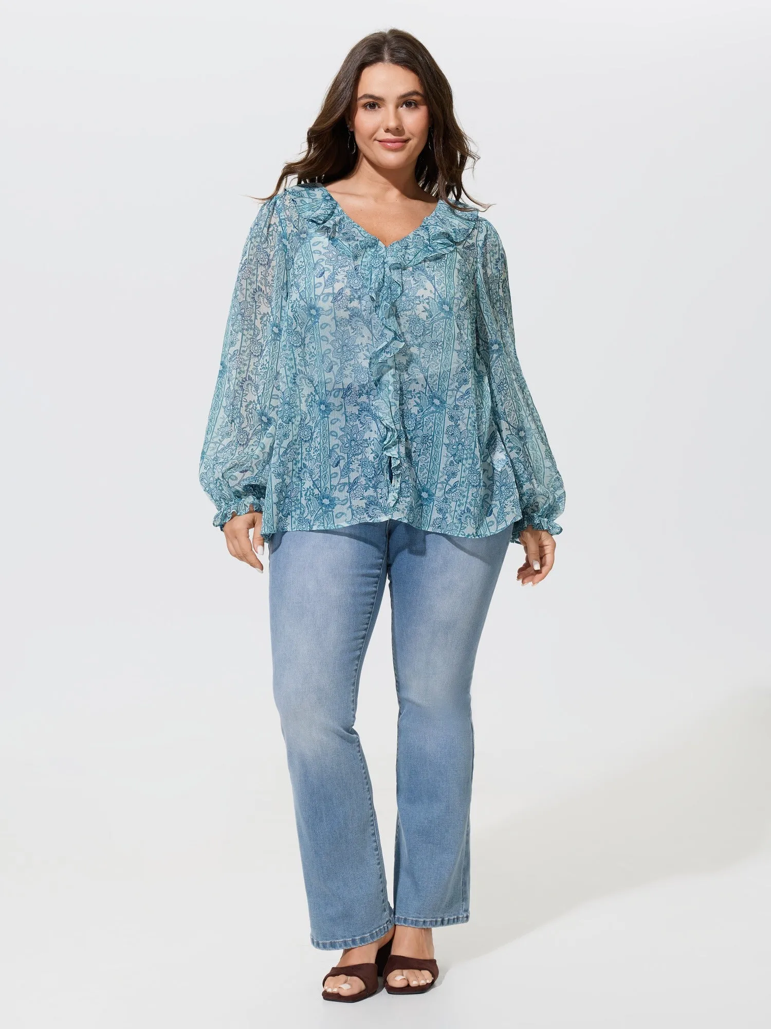 Floral Print V‑Neck Ruffle Trim Chiffon Blouse sold by Bloomchic product image thumbnail 4