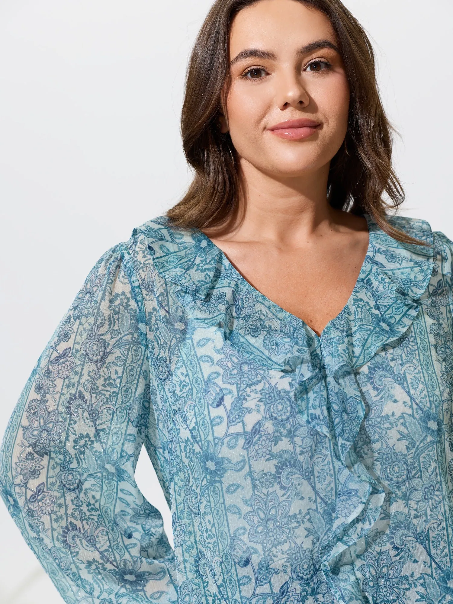 Floral Print V‑Neck Ruffle Trim Chiffon Blouse sold by Bloomchic product image thumbnail 2