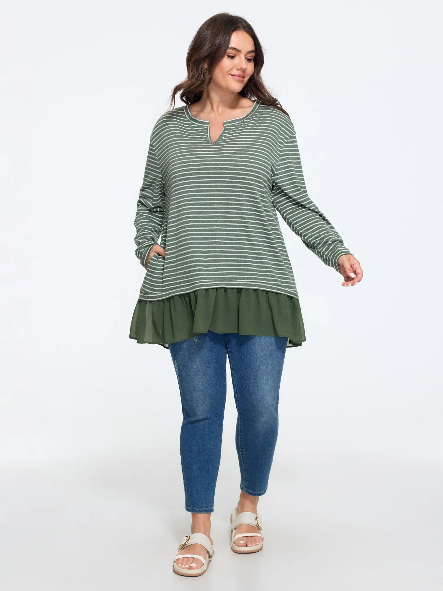 Stretch Stripe Patchwork Chiffon Ruffle Hem Top sold by Bloomchic product image thumbnail 4