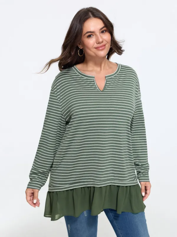 Stretch Stripe Patchwork Chiffon Ruffle Hem Top made by Bloomchic