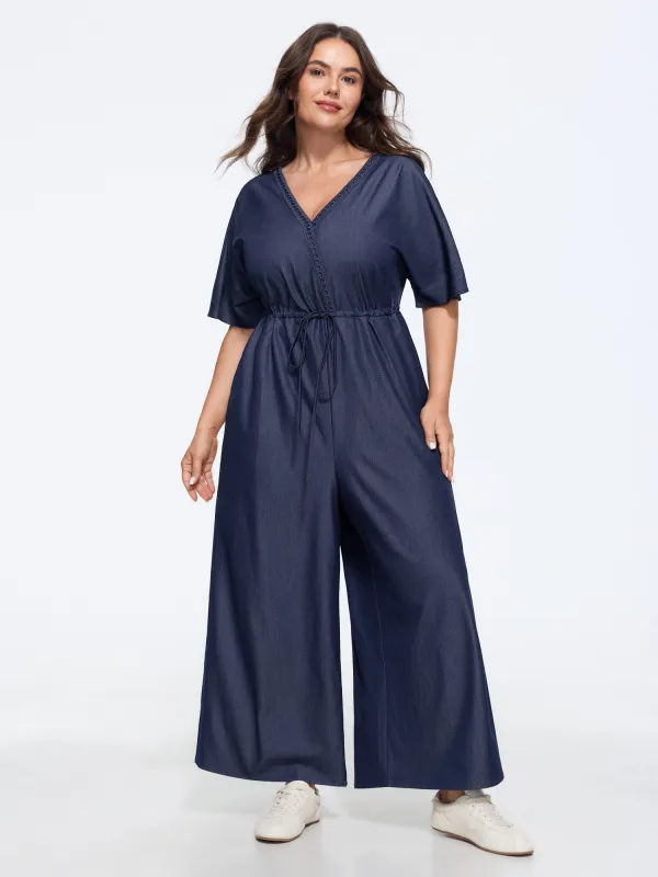 Supersoft Lace Trim Drawstring Waist Wide Leg Jumpsuit made by Bloomchic