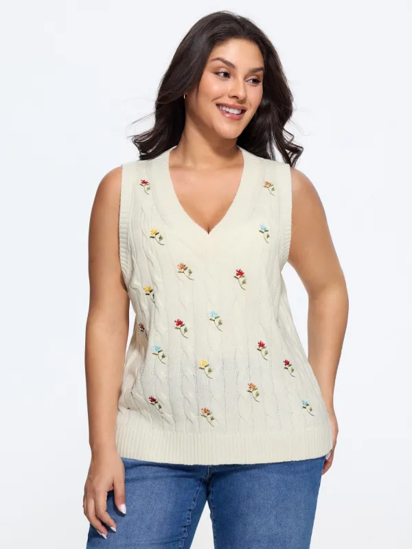Floral Embroidery V‑Neck Cable Knit Sweater Vest made by Bloomchic