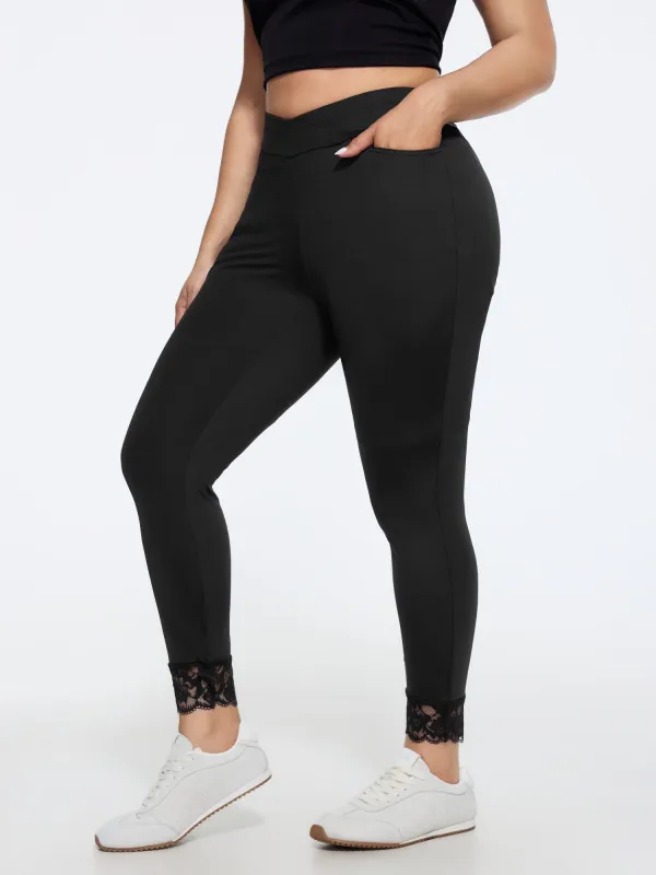 Stretch Crossover Waist Lace Trim Pocket Leggings made by Bloomchic