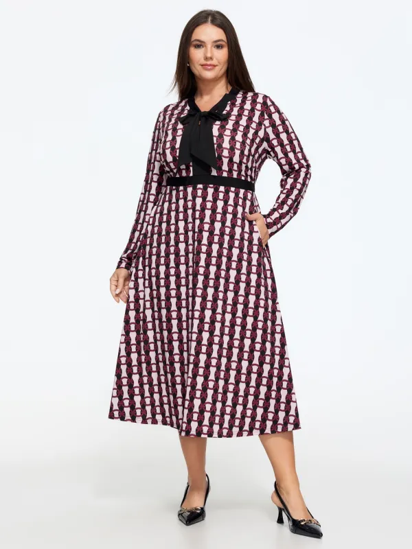 Geometric Print Bow Tie Neck Midi Dress made by Bloomchic