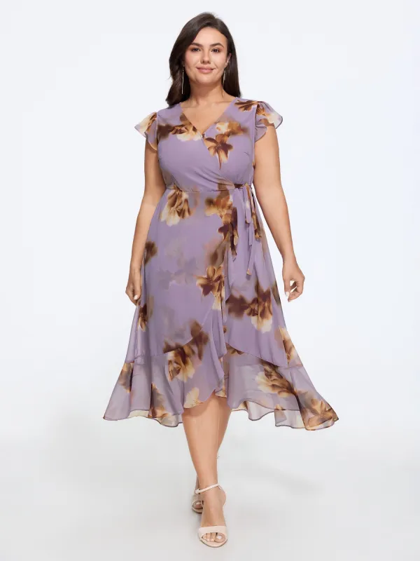 Floral Print Wrap Tie Waist Chiffon Midi Dress made by Bloomchic