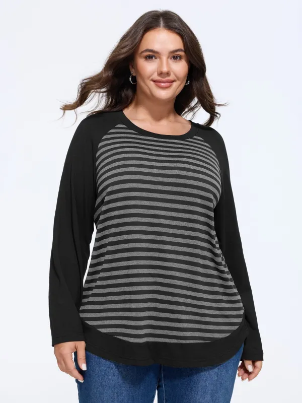 Stripe Contrast Crew Neck Curved Hem T-Shirt made by Bloomchic