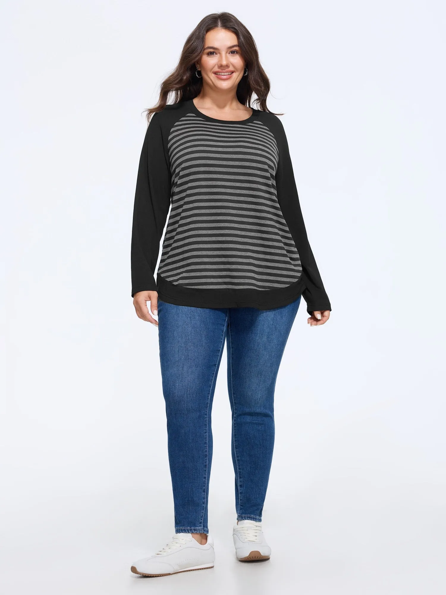 Stripe Contrast Crew Neck Curved Hem T-Shirt sold by Bloomchic product image thumbnail 4