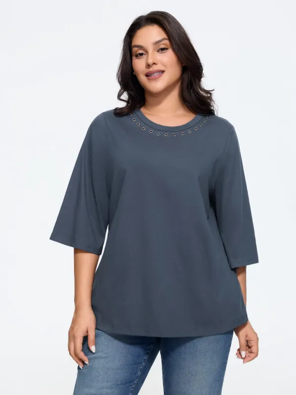Cotton Crew Neck Metal Eyelet Decor T-Shirt made by Bloomchic
