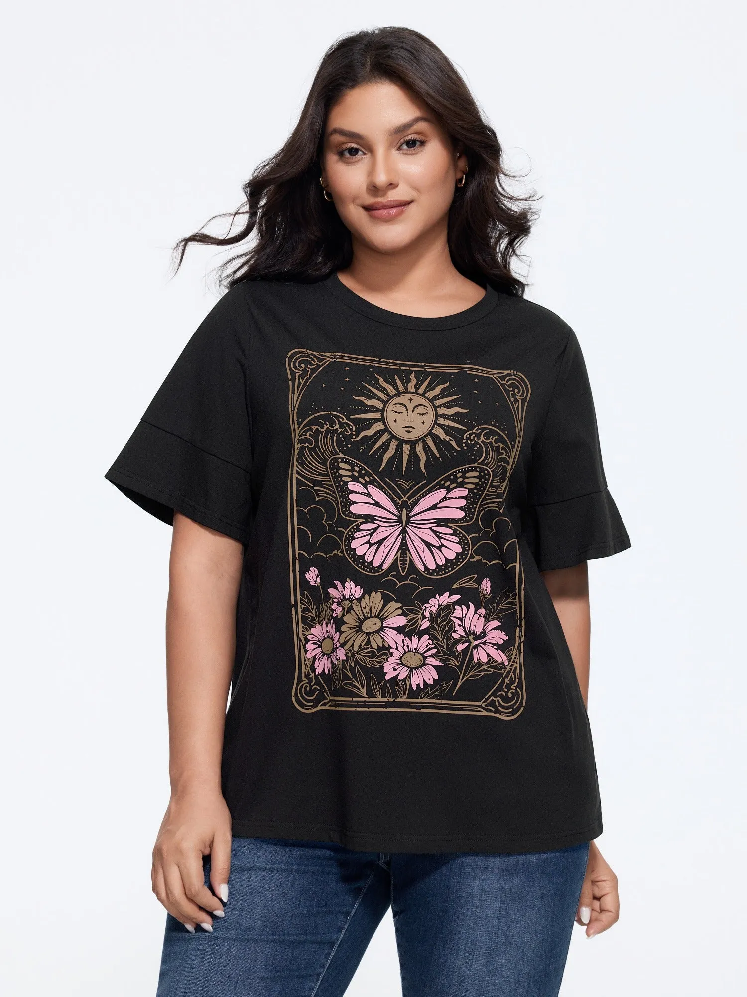 Cotton Sunkissed Floral Print Flared Sleeve T-Shirt sold by Bloomchic