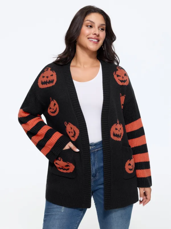 Jack‑O‑Lantern Jacquard Pocket Open‑Front Cardigan made by Bloomchic