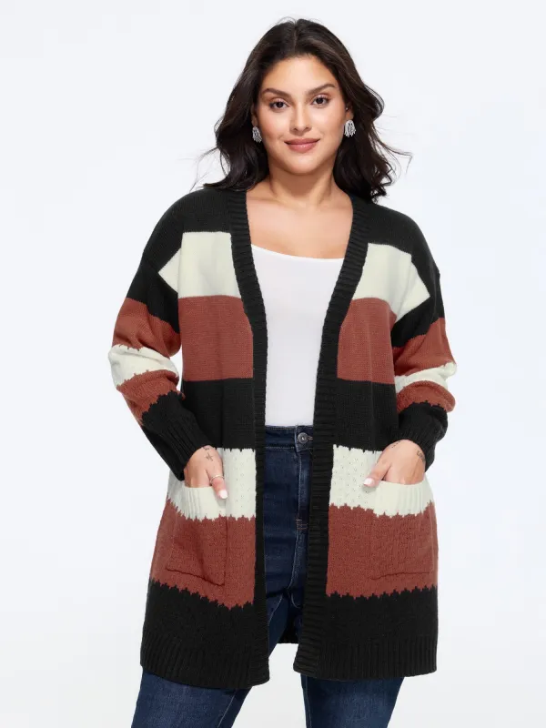 Color‑Block Stripe Pocket Open Front Cardigan made by Bloomchic