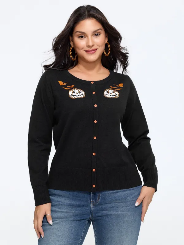 Halloween Pumpkin Bat Embroidery Button Front Cardigan made by Bloomchic