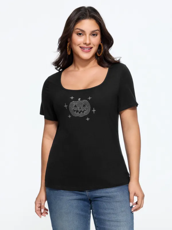 Stretch Rhinestone Jack-O-Lantern T-Shirt made by Bloomchic