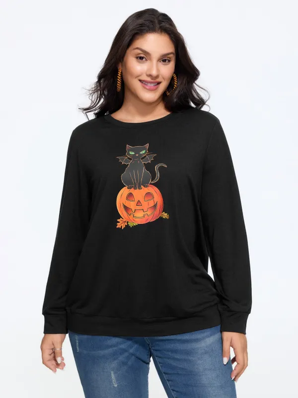 Halloween Cat Pumpkin Print Crew Neck Sweatshirt made by Bloomchic