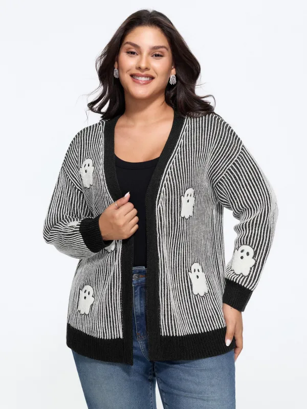 Vertical Stripe Ghost Patch Embroidery Cardigan made by Bloomchic