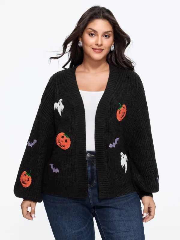 Pumpkin Ghost Bat Patch Embroidery Open Front Cardigan made by Bloomchic