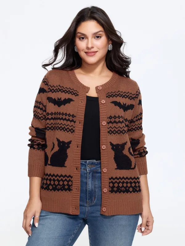 Cat Bat Geometric Jacquard Button Front Cardigan made by Bloomchic