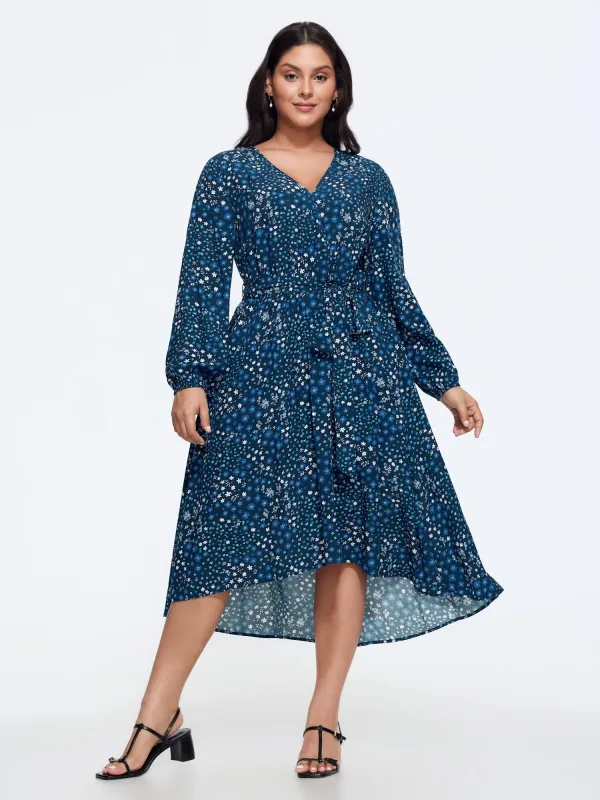 Ditsy Floral Print Belted High‑Low Hem Flowy Mini Dress made by Bloomchic